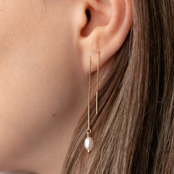 IOWA Gold Filled Freshwater Pearl Threader Earring, Sterling Silver Chain Earrings, Pearl Jewelry, Gold Minimalist Threader, Gift for Her