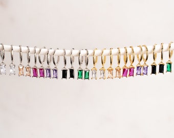 SYDNEY Emerald Baguette Hoop Earrings, 925 Sterling Silver Huggie Earrings with Charm, Gold Dangle Minimalist Earrings, Bridesmaids Gifts