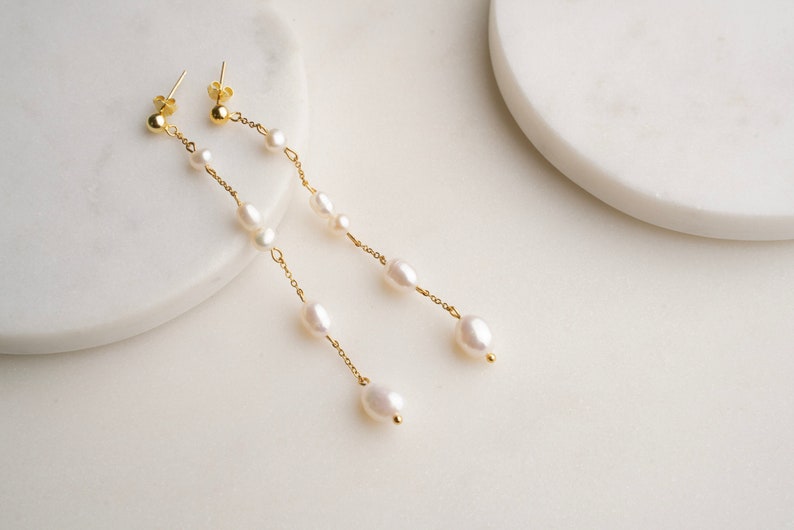 LEA Freshwater Pearl Drop Earrings, Gold Pearl Dangle Earrings, Bridal Pearl Earrings, Pearl Jewelry, Bridesmaid Gift, Gift for Her image 1