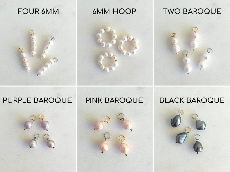 pearl charms for the necklace or hoop earrings, 18K gold or stainless steel material, baroque, flat coin, biwa, round, pink, purple, black pearl charms