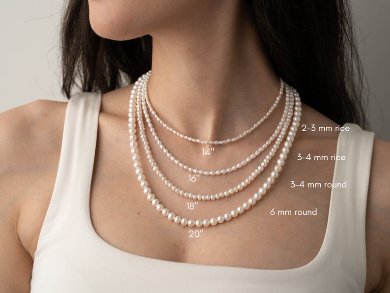 pearl necklace, 6mm round pearls, 2-3mm tiny pearls, 3-4mm small rice pearls, 3-4mm round freshwater pearls, white cultured pearl choker, 14", 16", 18", 20", 22", 24", 26"