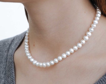 CARA 8mm Cultured Freshwater Pearl Necklace for Women, Real Pearl Necklace Men, Round Pearls, Chunky Pearl Necklace, Bridal Pearl Jewelry