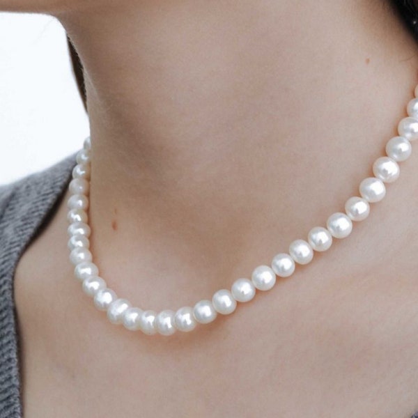 CARA 8mm Real Round Freshwater Pearl Necklace for Women, Cultured Pearl Necklace Men, Chunky Bold Pearl Necklace, Bridal Pearl Jewelry, Gift