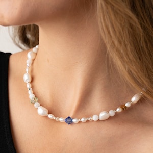 CRYSTAL Freshwater Pearl Necklace Women, Baroque Pearl Beaded Necklace Choker, Mixed Pearl and Bead Necklace, Colorful Mismatched Necklace