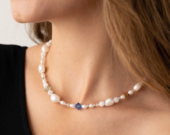 Collier de perles d'eau douce en cristal pour femme, collier ras de cou de perles baroques, collier de perles et de perles mélangées, collier dépareillé coloré