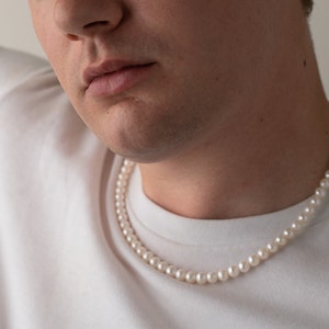 mens pearl necklace on the model, 8mm round white freshwater cultured pearls with stainless steel lobster clasp