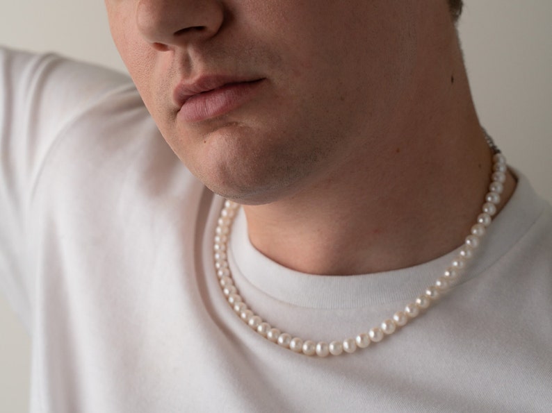 mens pearl necklace on the model, 8mm round white freshwater cultured pearls with stainless steel lobster clasp