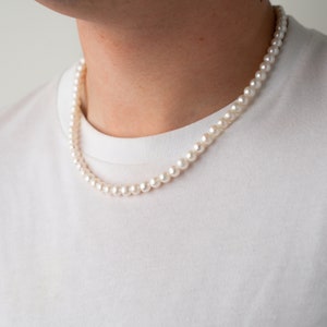 mens pearl necklace on the model, 8mm round white freshwater cultured pearls with stainless steel lobster clasp