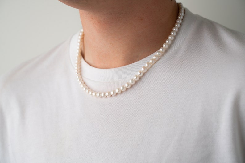 mens pearl necklace on the model, 8mm round white freshwater cultured pearls with stainless steel lobster clasp