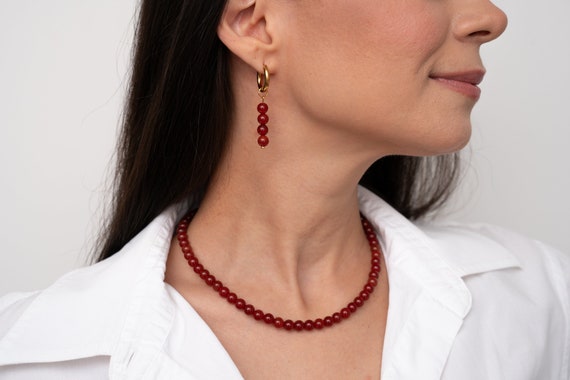 CARMEN Red Carnelian Necklace Choker, Red Necklace, Red Gemstone Necklace, Genuine Carnelian, Beaded Necklace, Handmade Jewelry