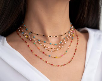 RAINBOW Sparkle Chain Necklace, Gold Glitter Multi Color Chain Necklace, Shimmering Choker, Minimalist Necklace, Delicate Necklace, Gift