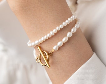 FIONA Double Wrap Gold Freshwater Pearl Bracelet, Rice Round Pearl Bracelet, Two Strands Pearl Bracelet Women, Toggle Bracelet, Gift for Her