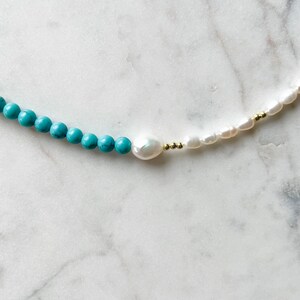 SKY MINI 6 mm Turquoise Bracelet with Freshwater Pearls, Rice Pearl Bracelet, Beaded Bracelet, Gold Turquoise Bracelet, Handmade Jewelry image 2