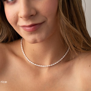 pearl necklace, 3-4mm small rice pearls, white cultured pearl choker, 14", 16", 18", 20", 22", 24", 26"