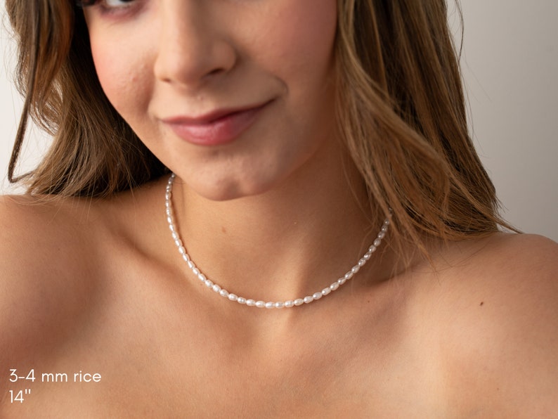 pearl necklace, 3-4mm small rice pearls, white cultured pearl choker, 14", 16", 18", 20", 22", 24", 26"