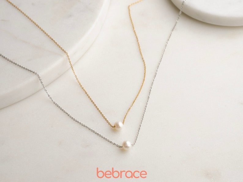 OCEAN Single Minimalist Pearl Necklace, Freshwater Pearl Pendant, Floating Gold Pearl Drop Necklace, Dainty Simple Necklace, Bridesmaid Gift image 2