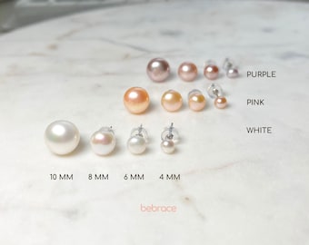 NAOMI Real Pearl Stud Earrings, Sterling Silver Earrings, 4 6 8 10mm Freshwater White, Pink, Purple Pearl, Bridesmaids Gift, Gift for Her