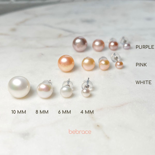 NAOMI Real Pearl Stud Earrings, Sterling Silver Earrings, 4 6 8 10mm Freshwater White, Pink, Purple Pearl, Bridesmaids Gift, Gift for Her