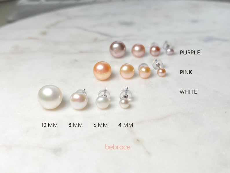 NAOMI Real Pearl Stud Earrings, Sterling Silver Earrings, 4 6 8 10mm Freshwater White, Pink, Purple Pearl, Bridesmaids Gift, Gift for Her image 1