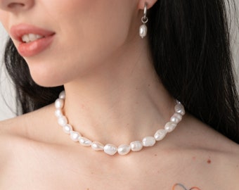 EFFIE Echte unregelmäßige Perlenkette Choker, Süßwasser Große Barockperlenkette für Frauen, Perlenkette Männer, Geschenk für Sie