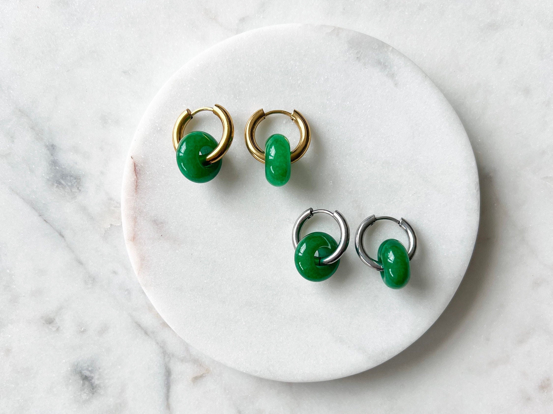 Small jade shop hoop earrings
