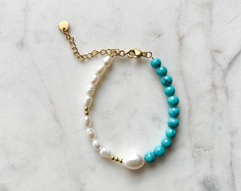 SKY MINI 6 mm Turquoise Bracelet with Freshwater Pearls, Rice Pearl Bracelet, Beaded Bracelet, Gold Turquoise Bracelet, Handmade Jewelry