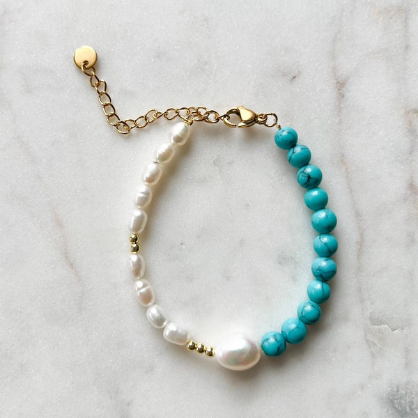 SKY MINI 6 mm Turquoise Bracelet with Freshwater Pearls, Rice Pearl Bracelet, Beaded Bracelet, Gold Turquoise Bracelet, Handmade Jewelry