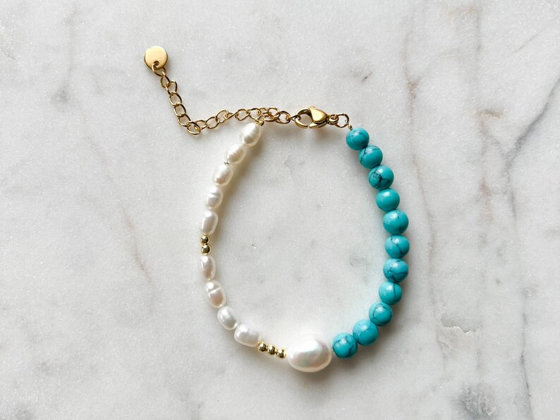 SKY MINI 6 mm Turquoise Bracelet with Freshwater Pearls, Rice Pearl Bracelet, Beaded Bracelet, Gold Turquoise Bracelet, Handmade Jewelry image 1