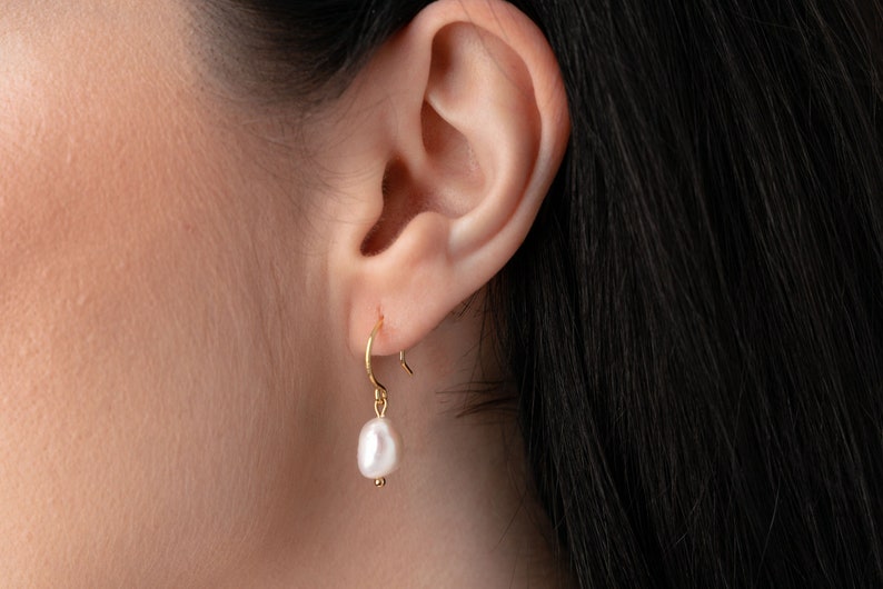 VIVA Sterling Silver Baroque Pearl Drop Earrings, Real Freshwater Pearl Earrings, Gold Pearl Dangle Earrings, Bridesmaid Gift, Gift for Her image 1