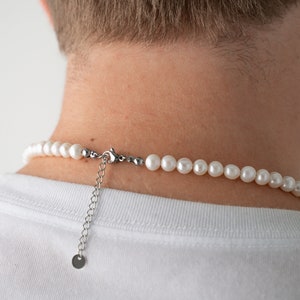 mens pearl necklace on the model, 8mm round white freshwater cultured pearls with stainless steel lobster clasp