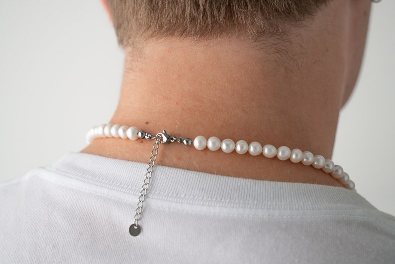 mens pearl necklace on the model, 8mm round white freshwater cultured pearls with stainless steel lobster clasp