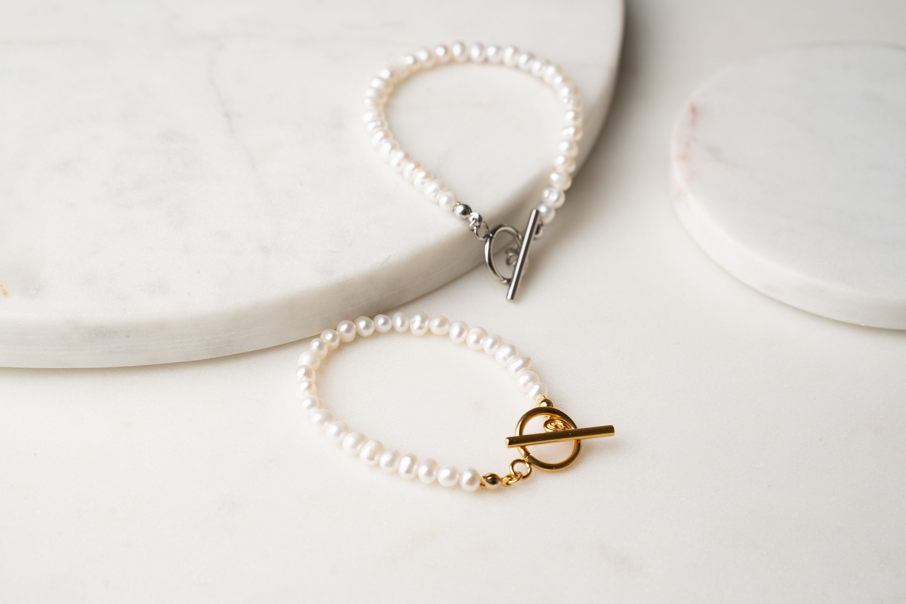 VAN 4 mm Real Round Freshwater Pearl Bracelet for Women, Gold Cultured Small Pearl Bracelet Toggle, Silver Pearl Bracelet Men, Gift for Her