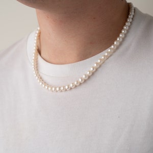 men pearl necklace on the model, 8mm round white freshwater cultured pearls with stainless steel lobster clasp