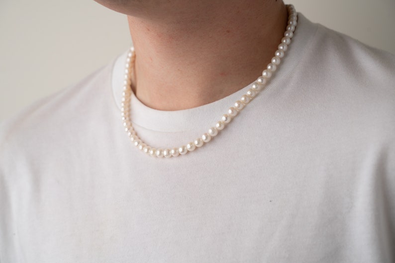 men pearl necklace on the model, 8mm round white freshwater cultured pearls with stainless steel lobster clasp