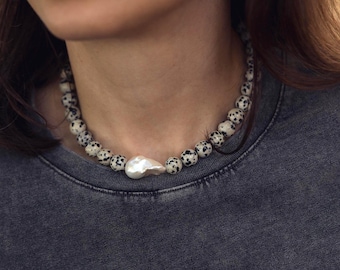 DALMATIAN Jasper Beaded Necklace Choker, Baroque Pearl Necklace, Jasper Necklace, Dalmatian Necklace, Gemstone Necklace, Gift for Her