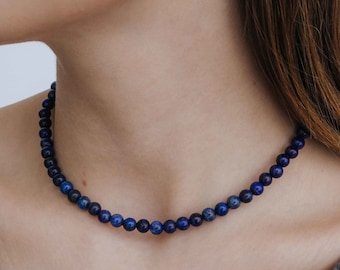 GINZA Lapis Lazuli Necklace Choker, Clover Necklace, Blue Gemstone Necklace, Genuine Lapis Lazuli, Handmade Jewelry, Gift for Her