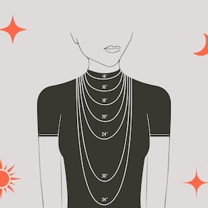May include: A diagram showing different necklace lengths on a person's neck. The lengths are labeled in inches: 14", 16", 18", 20", 22", 24", 30", and 34".