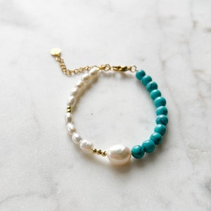 SKY MINI 6 mm Turquoise Bracelet with Freshwater Pearls, Rice Pearl Bracelet, Beaded Bracelet, Gold Turquoise Bracelet, Handmade Jewelry image 4