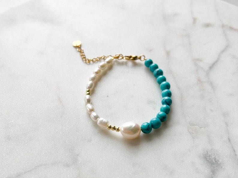 SKY MINI 6 mm Turquoise Bracelet with Freshwater Pearls, Rice Pearl Bracelet, Beaded Bracelet, Gold Turquoise Bracelet, Handmade Jewelry image 4