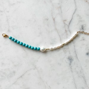 SKY MINI 6 mm Turquoise Bracelet with Freshwater Pearls, Rice Pearl Bracelet, Beaded Bracelet, Gold Turquoise Bracelet, Handmade Jewelry image 3