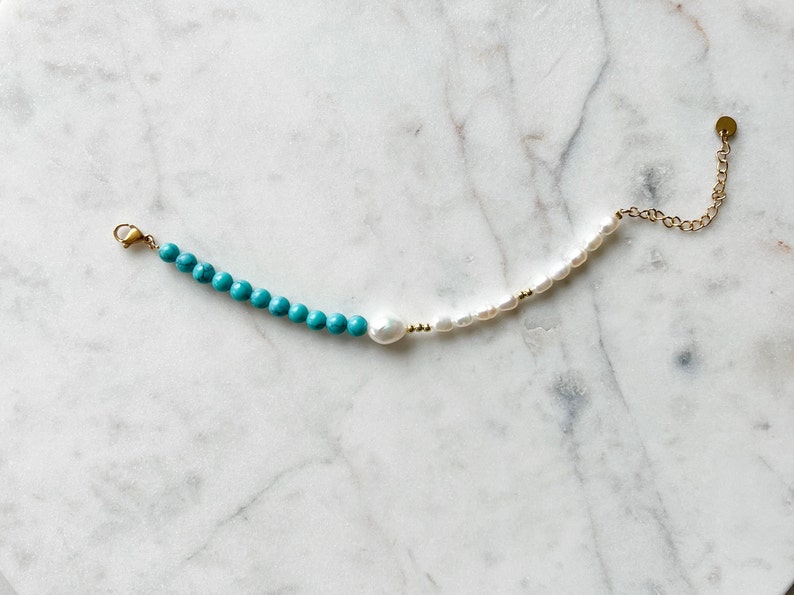 SKY MINI 6 mm Turquoise Bracelet with Freshwater Pearls, Rice Pearl Bracelet, Beaded Bracelet, Gold Turquoise Bracelet, Handmade Jewelry image 3