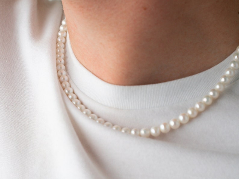 mens pearl necklace on the model, 8mm round white freshwater cultured pearls with stainless steel lobster clasp