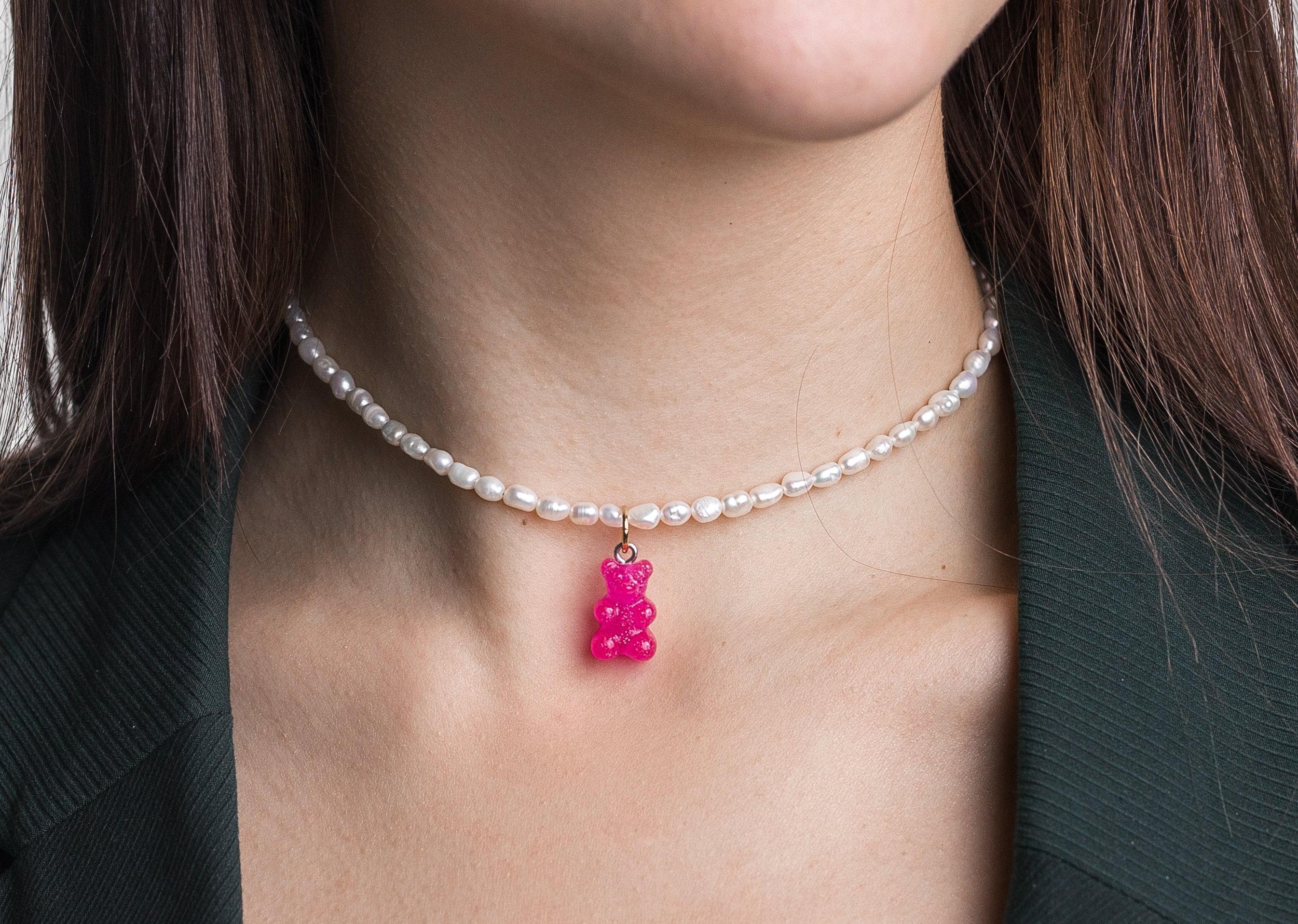 TEDDY Fuchsia Freshwater Pearl Necklace With Gummy Bear Pendant Fuchsia Necklace With Bear Charm 3mm Pearl Necklace Gift for Her Etsy Canada