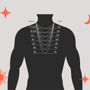 Op de afbeelding: Een diagram dat verschillende kettinglengtes in inches en centimeters laat zien. De lengtes worden getoond op een silhouet van een torso.