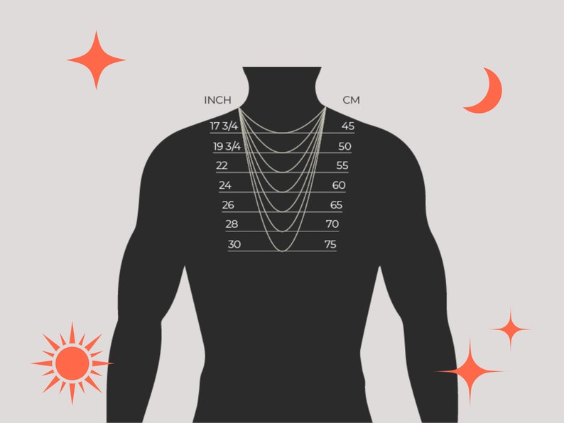 Op de afbeelding: Een diagram dat verschillende kettinglengtes in inches en centimeters laat zien. De lengtes worden getoond op een silhouet van een torso.