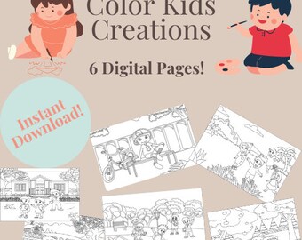 May include: Six black and white coloring pages featuring children playing outdoors. The pages are titled "Color Kids Creations" and "6 Digital Pages!" with an illustration of a girl drawing and a boy painting.