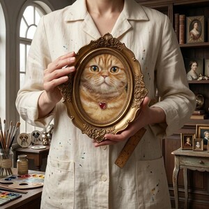 May include: An oval, gold-framed portrait of a cat with orange and brown fur, wearing a red heart-shaped pendant. The portrait is held by a person wearing a cream-colored artist's smock. The background includes art supplies and antique furniture.