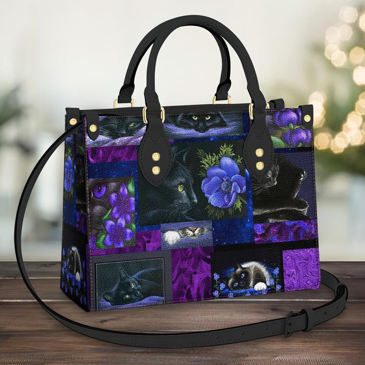 Discover Cat Purple Flower Leather Bag