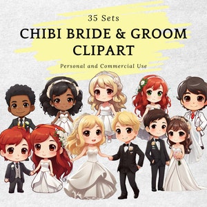 Chibi Noiva e Noivo Clipart, Personagens Bonitos Noiva e Noivo, Desenhos Animados Noiva e Noivo, PNG Bundle, Chibi, Kawaii, Quadrinhos, Download Instantâneo