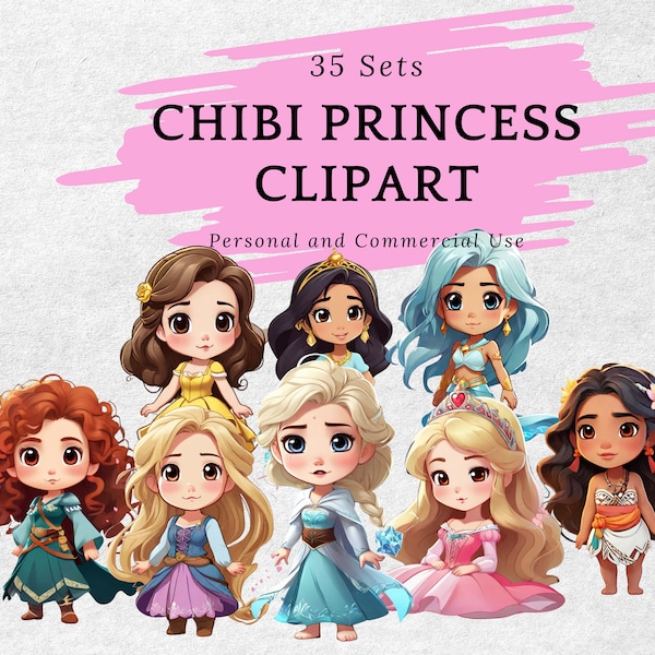 Clipart princesse Chibi, personnages princesse mignons, princesse de dessin animé, PNG Bundle, Chibi, Kawaii, bande dessinée, Fan Art, téléchargement immédiat, art numérique